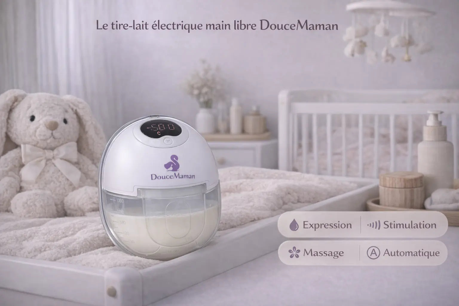 Tire-lait électrique mains libres DouceMaman avec modes automatique stimulation massage et expression